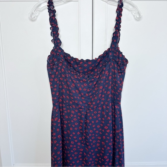 REFORMATION Virgil Dress Navy/Red Floral Print Ruffle Strap GRANADA Crepe Midi - Picture 6 of 16